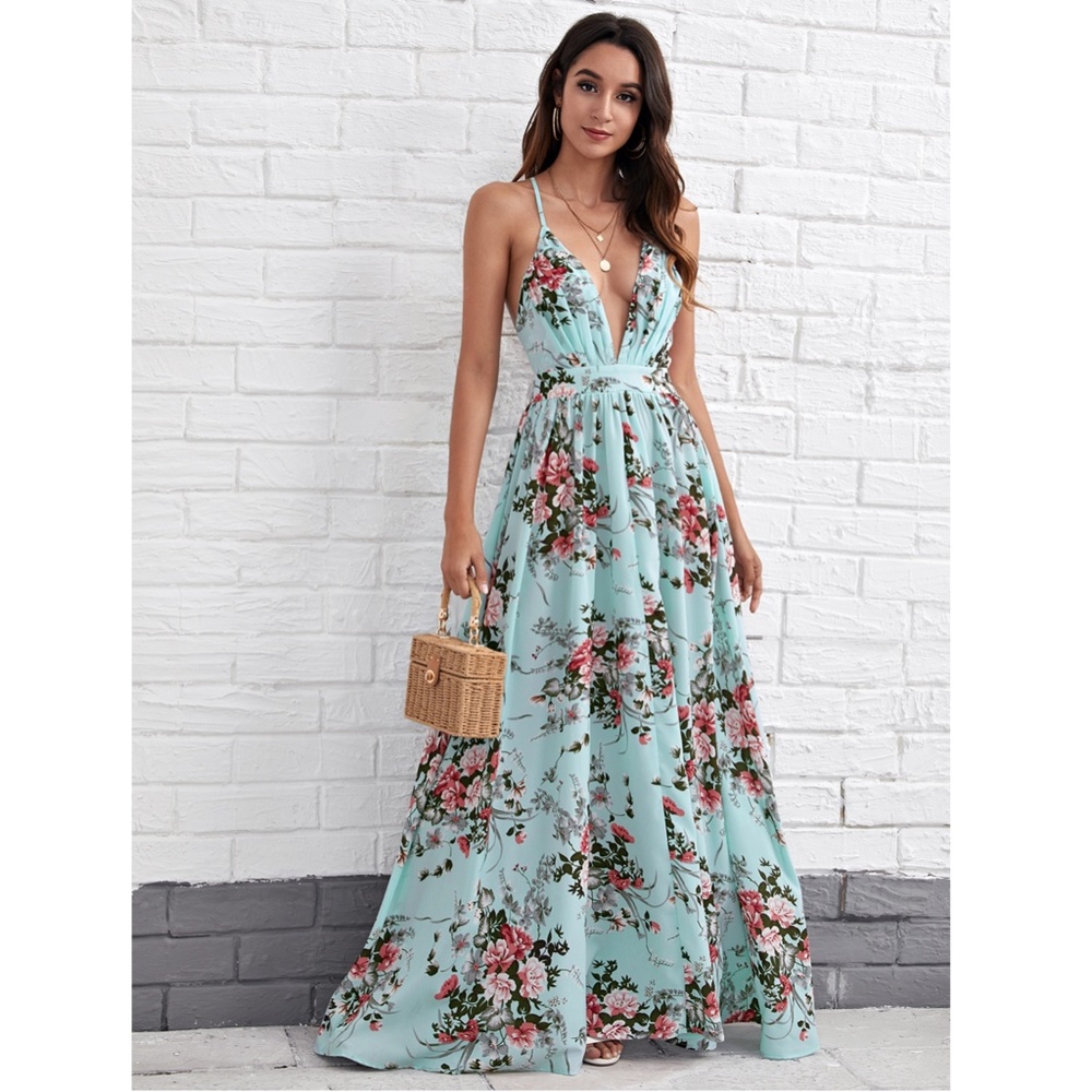 Backless Floral Print Maxi Dress Criss Cross - Picture 12 of 14